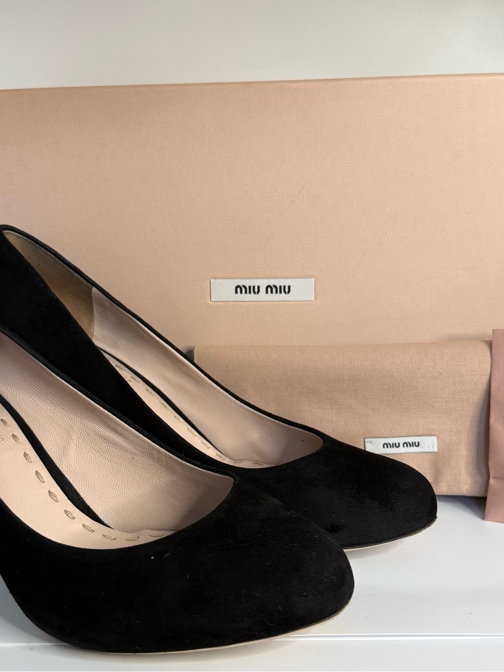 Miu Miu Black Suede Round-Toe Pumps